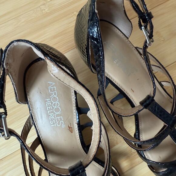 AEROSOLES PASSIONFRUIT SANDALS BLACK SNAKESKIN PATENT HEELS SIZE 9 - Picture 5 of 9